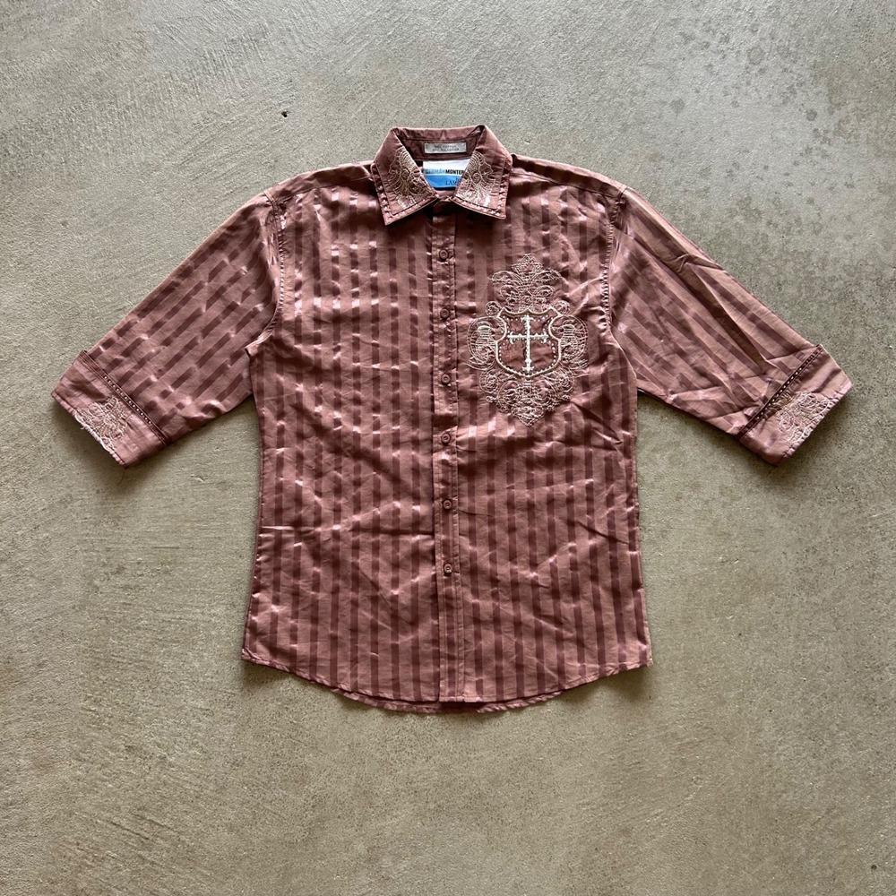 German Montero Lamasini Shirt Men Small Brown Striped Button Up Cross Rhinestone